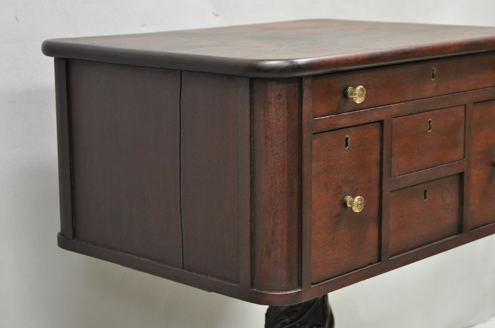 Antique American Empire Carved Paw Foot Pedestal Base Work Stand Side Table