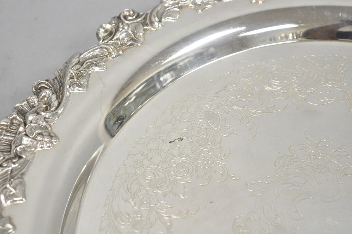 Vintage Wilcox Victorian Silver Plated Round Ornate Footed Salver Serving Tray