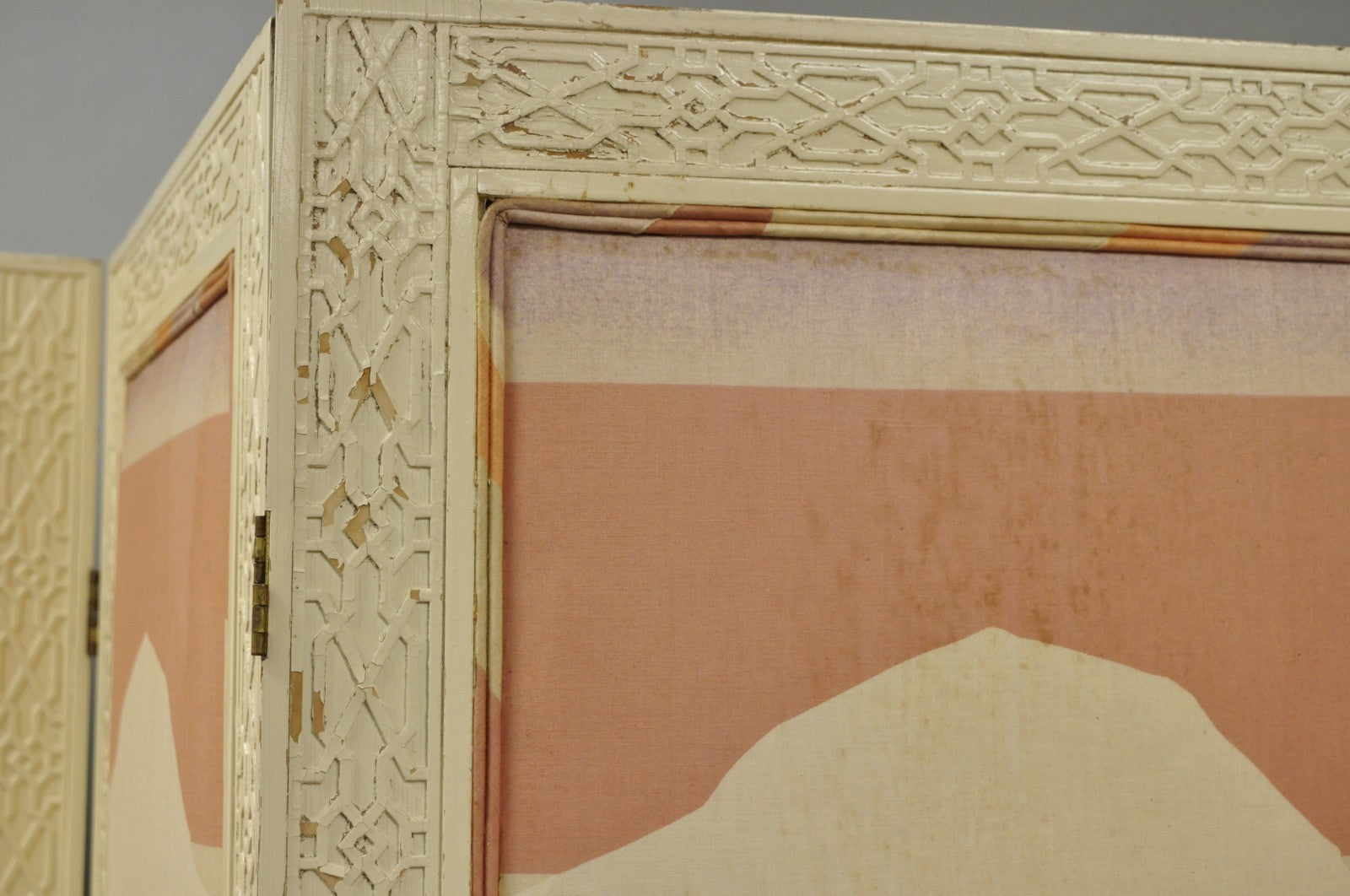 Vintage Oriental Fretwork Bone Lacquer Upholstered 6 Panel Room Divider Screen