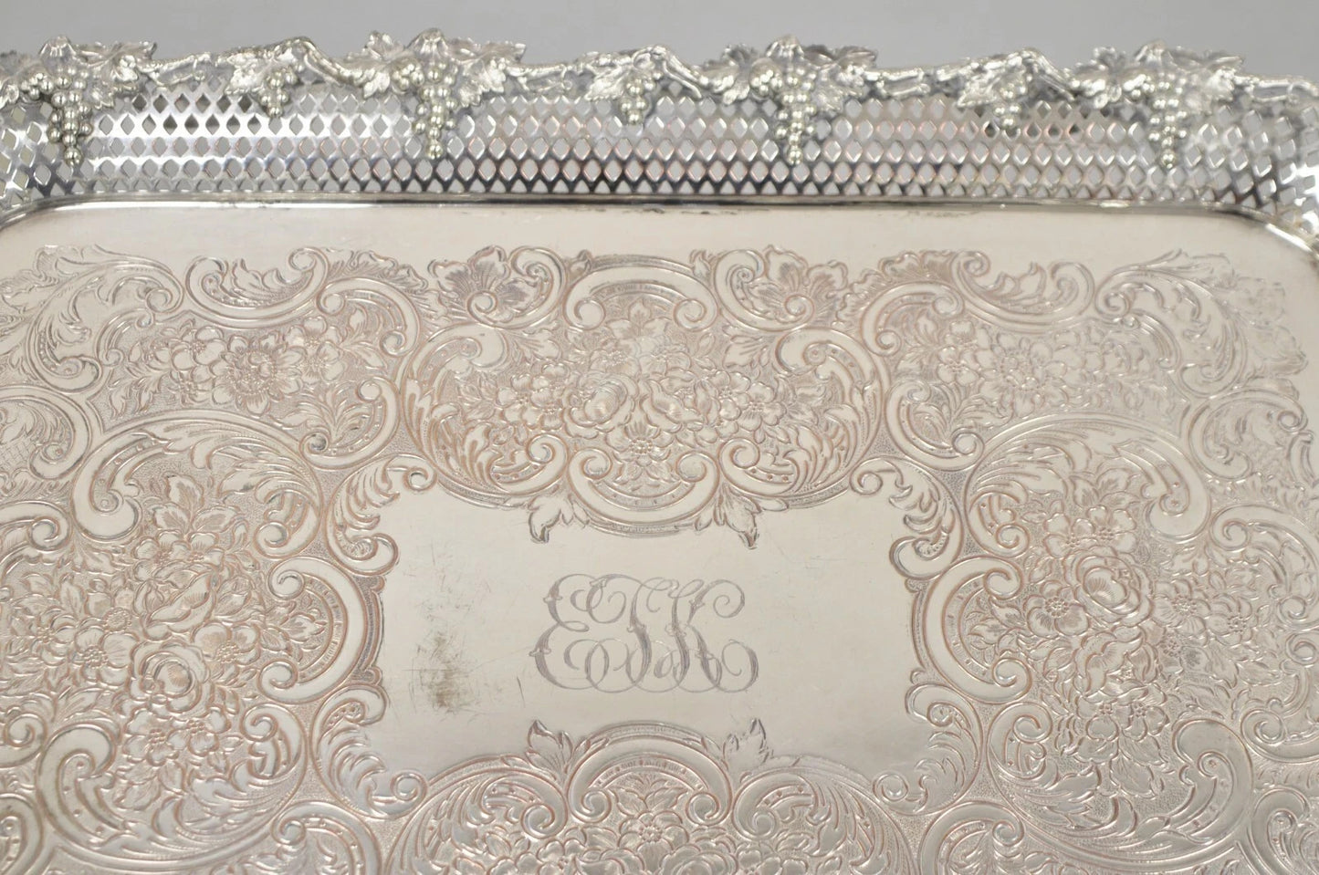 Antique Victorian Silver Plated Grapevine Repousse Platter Bar Tray w/ Monogram