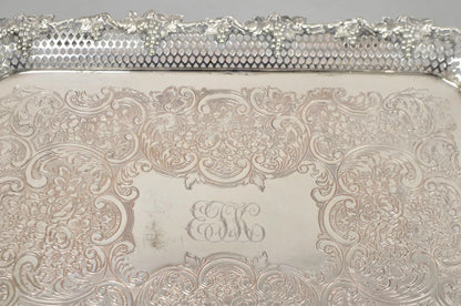 Antique Victorian Silver Plated Grapevine Repousse Platter Bar Tray w/ Monogram