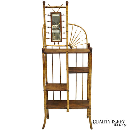 Antique English Victorian Stick and Ball Burnt Bamboo Curio Etagere Shelf Mirror