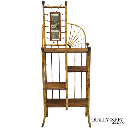 Antique English Victorian Stick and Ball Burnt Bamboo Curio Etagere Shelf Mirror