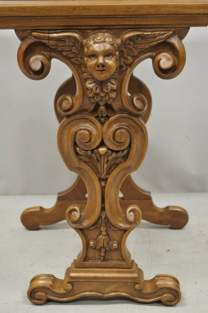 Italian Renaissance Figural Carved Marble Top Side Table with Winged Cherub Head