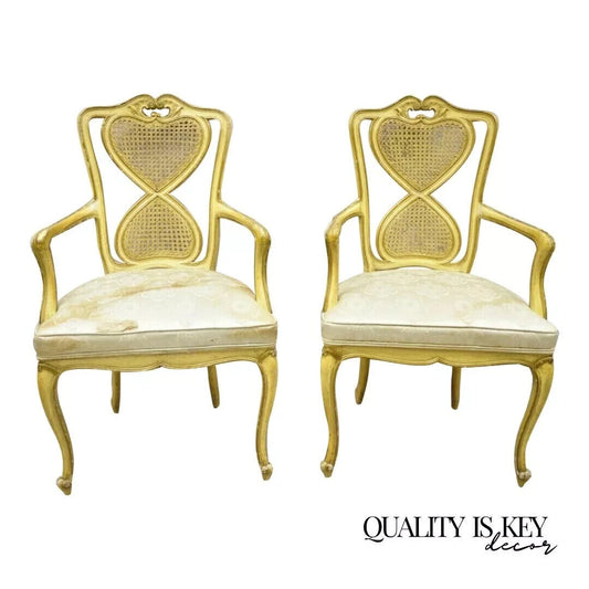 Vintage Italian Provincial French Louis XV Yellow Cane Dining Arm Chairs - Pair