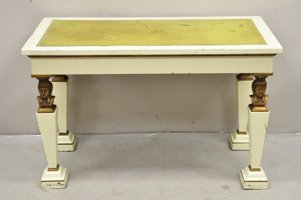 Antique Egyptian Revival Empire Style Leather Top Figural 3 Drawer Console Desk