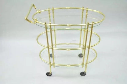 Mid Century Italian Modern Polished Brass & Glass Three Tier Oval Bar Tea Cart