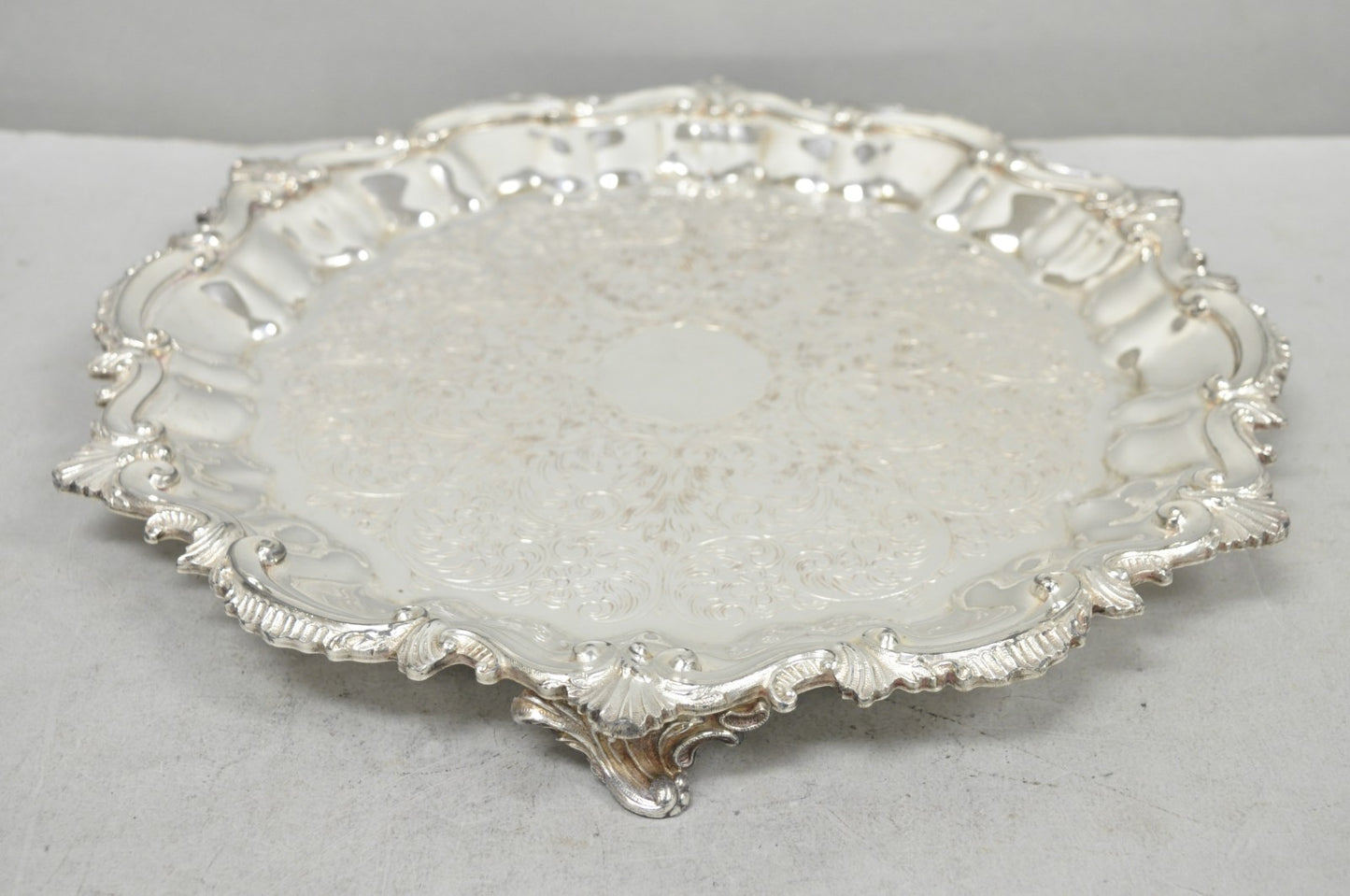 Vintage SBEP Victorian Silver Plated Round Scalloped Salver Bar Tray Platter