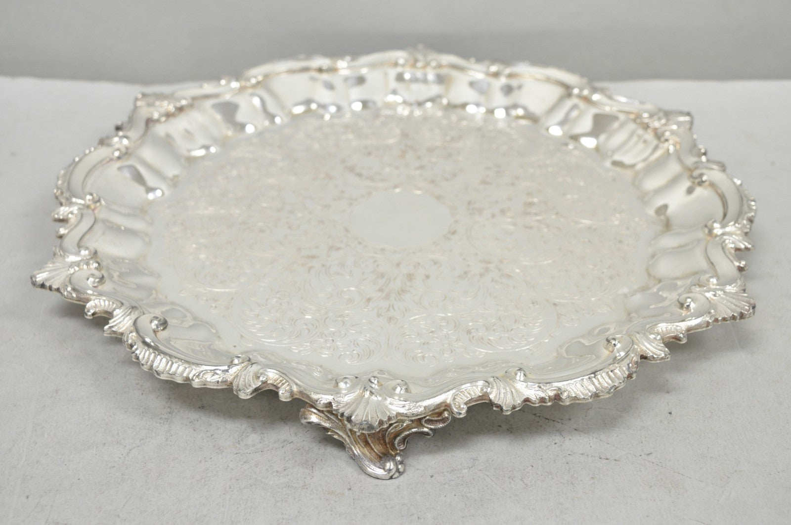Vintage SBEP Victorian Silver Plated Round Scalloped Salver Bar Tray Platter