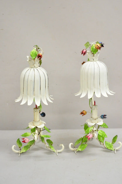 Vintage Italian Regency Tole Metal Flower Table Lamp w/ Tulip Shade - A Pair