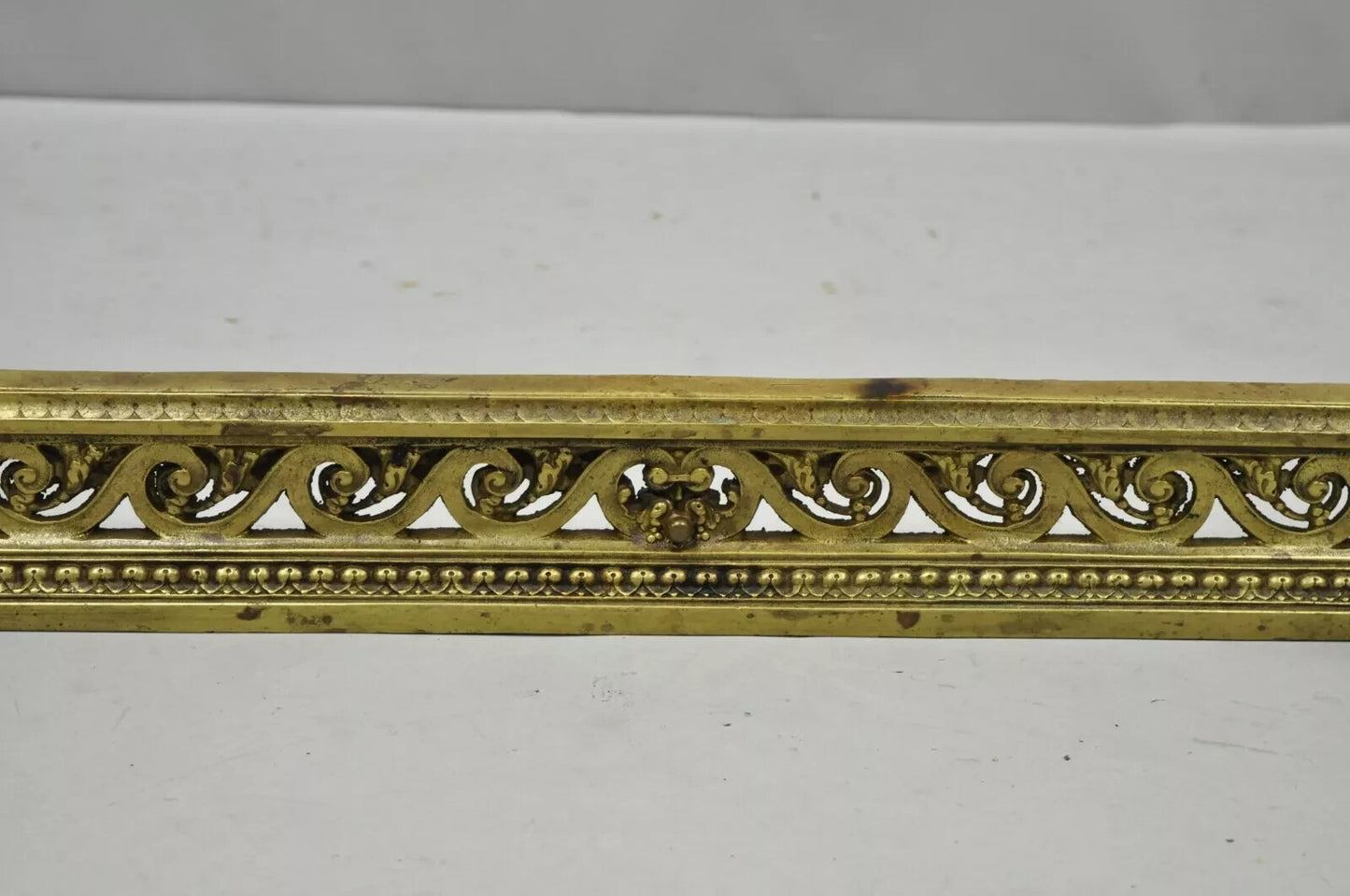 Antique French Louis XVI Brass Bronze Flame Finial Andirons w/ Adjustable Fender