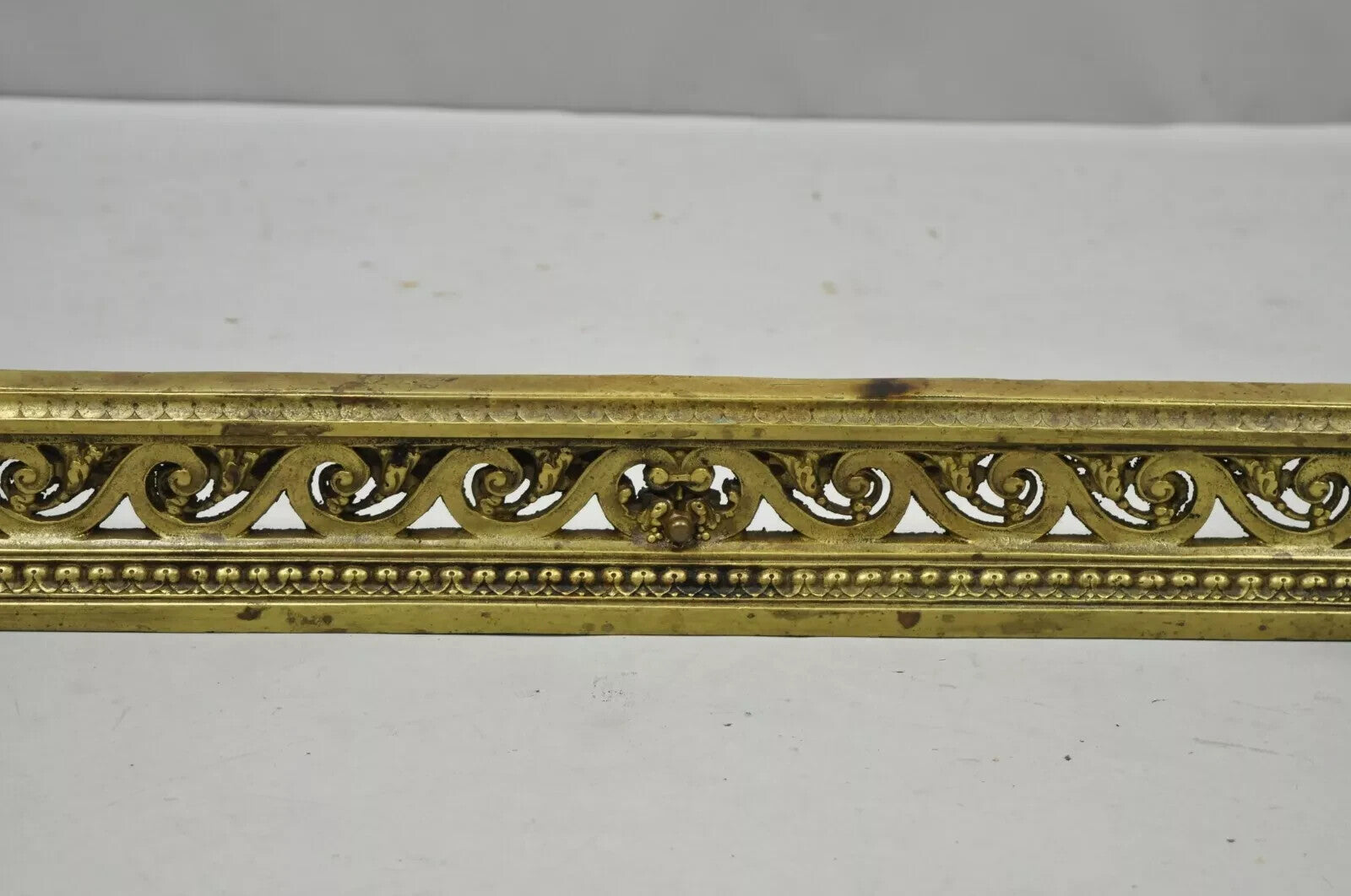 Antique French Louis XVI Brass Bronze Flame Finial Andirons w/ Adjustable Fender