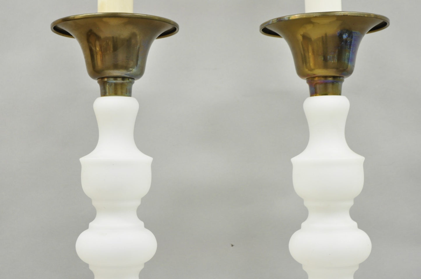 Vintage MCM Tommi Parzinger Style Tall White Frosted Glass Table Lamps - a Pair