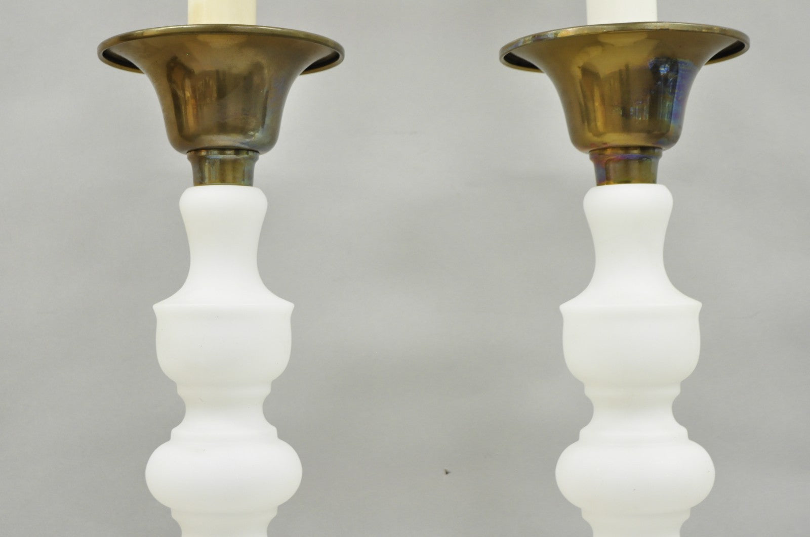 Vintage MCM Tommi Parzinger Style Tall White Frosted Glass Table Lamps - a Pair