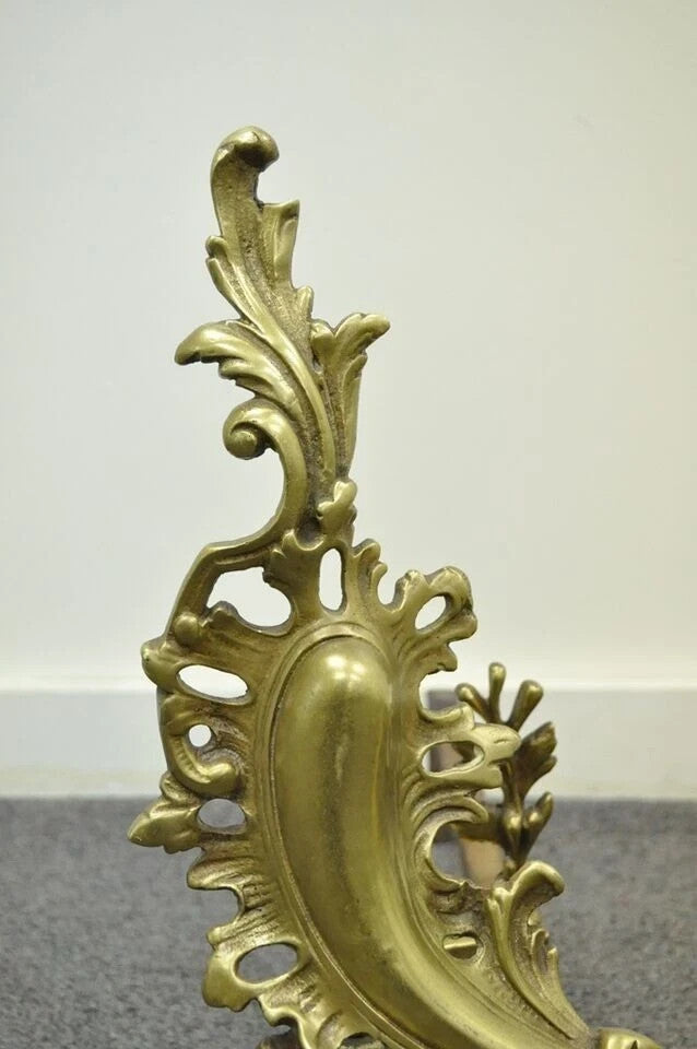 Antique French Louis XV Rococo Style Bronze Brass Acanthus Andirons - a Pair