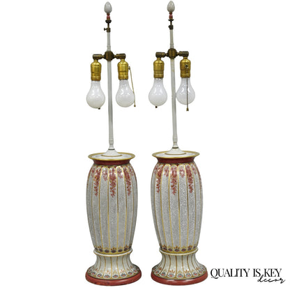 Victorian Red White Floral Painted French Porcelain Jardinière Table Lamps, Pair