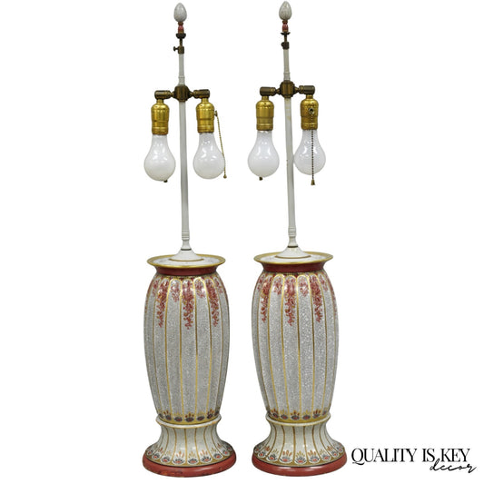 Victorian Red White Floral Painted French Porcelain Jardinière Table Lamps, Pair