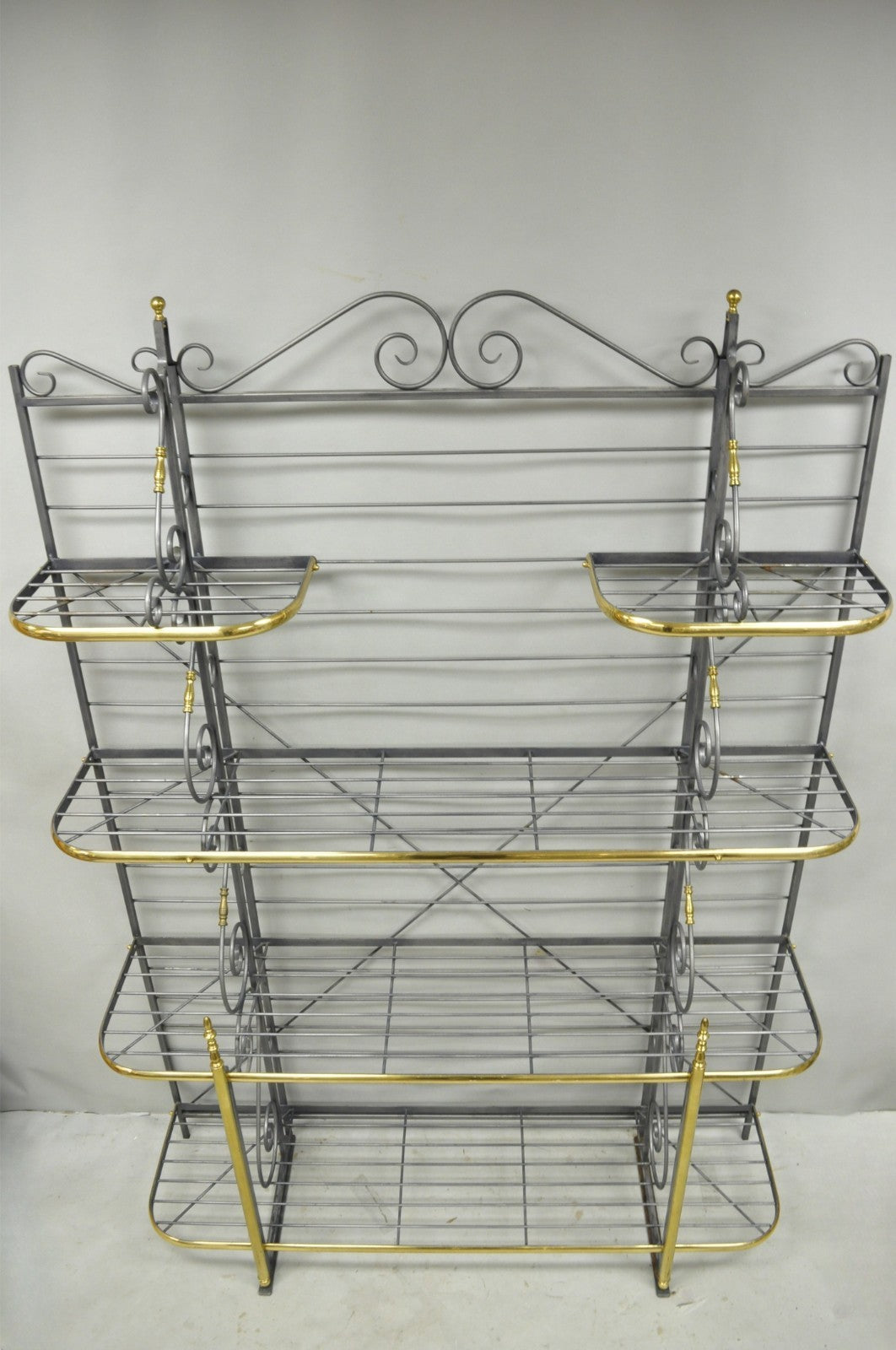 Vintage French Country Wrought Iron & Brass Kitchen Bakers Rack Bookcase Etagere