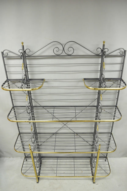 Vintage French Country Wrought Iron & Brass Kitchen Bakers Rack Bookcase Etagere