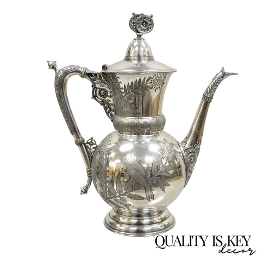 Antique Meriden Art Nouveau Silver Plated Bird Engraved Ornate Teapot Tea Kettle