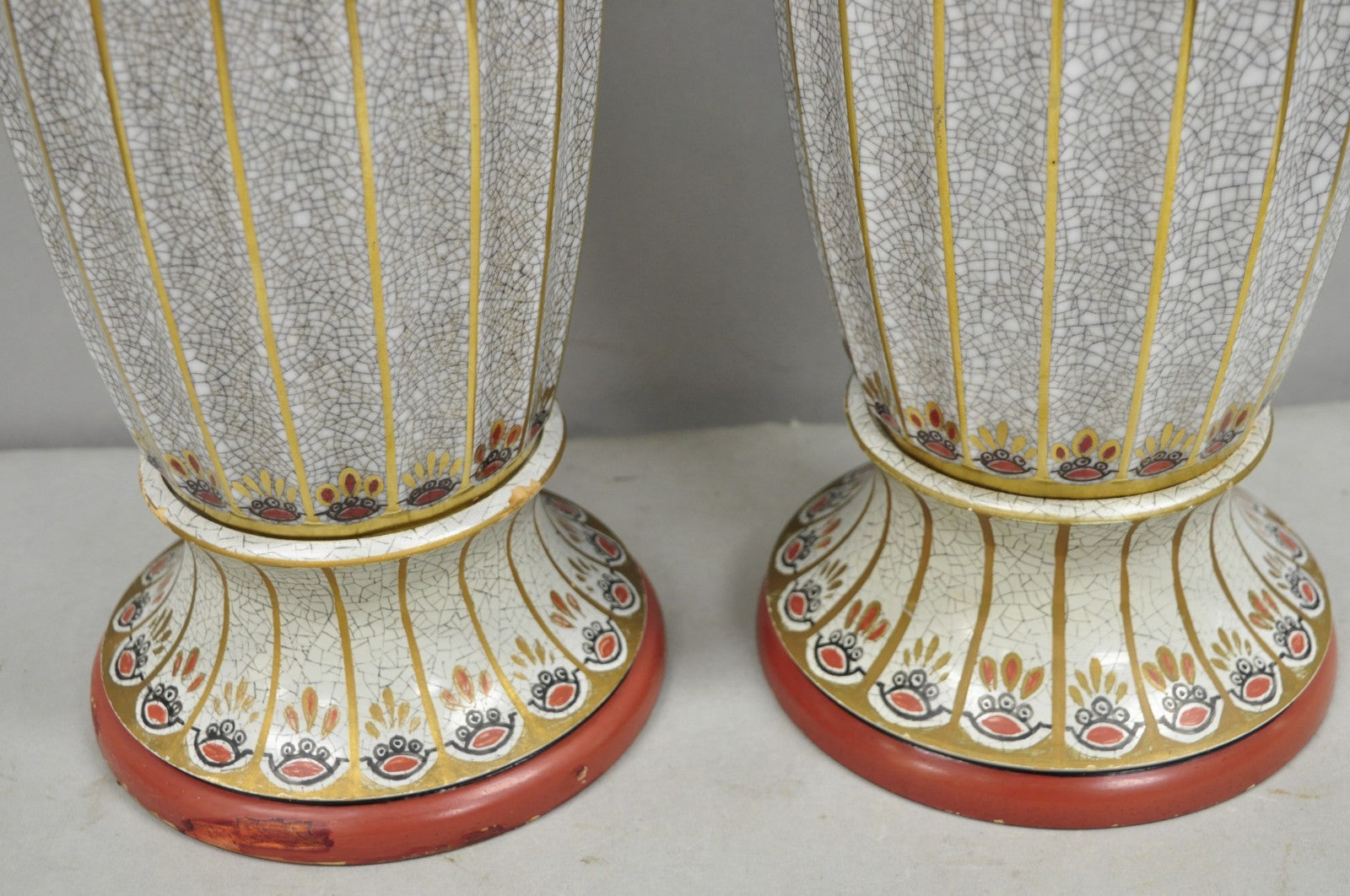 Victorian Red White Floral Painted French Porcelain Jardinière Table Lamps, Pair