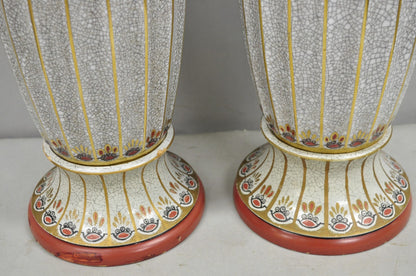Victorian Red White Floral Painted French Porcelain Jardinière Table Lamps, Pair