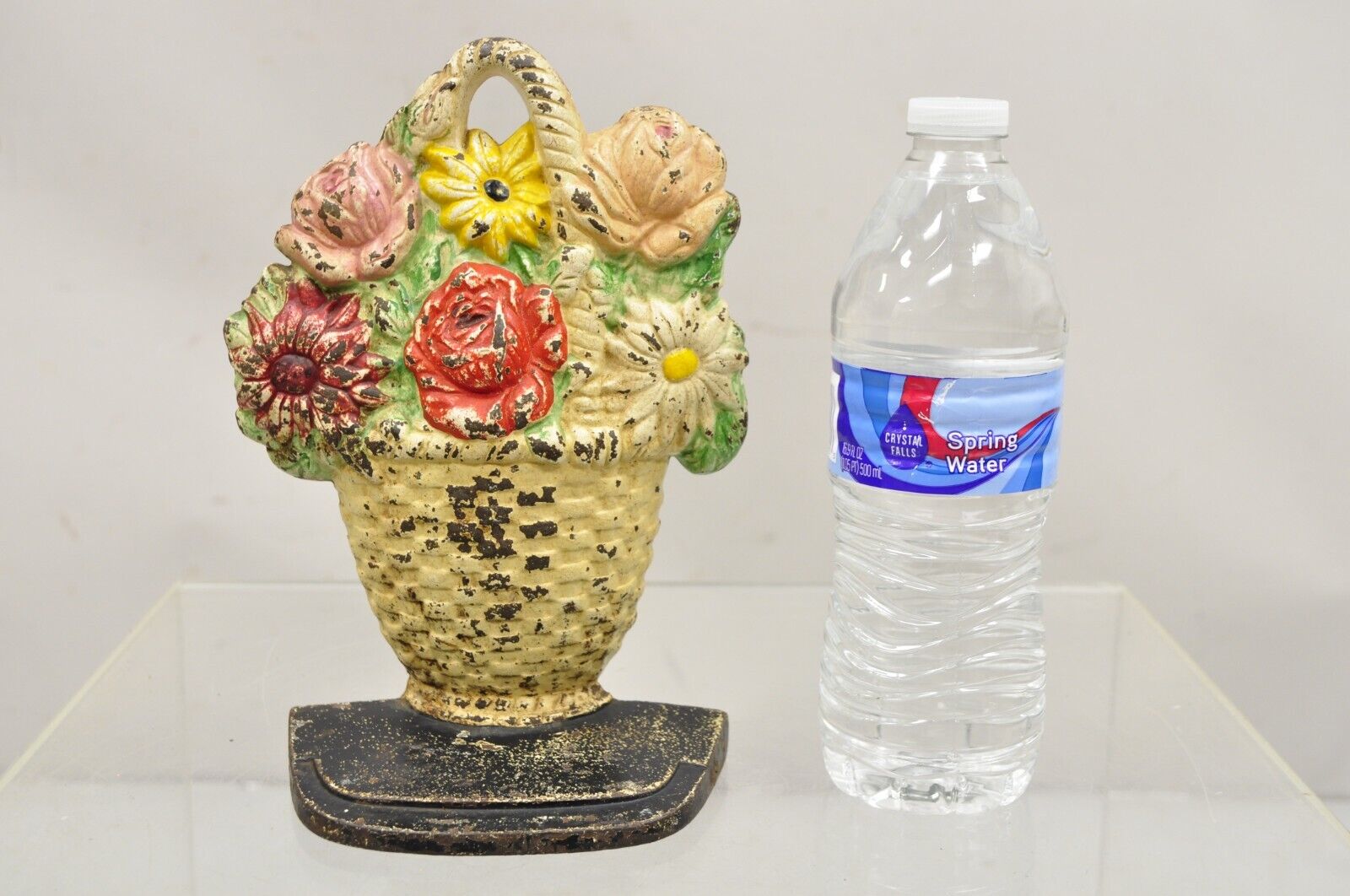 Antique Victorian Cast Iron Beige Floral Bouquet Round Basket Painted Door Stop