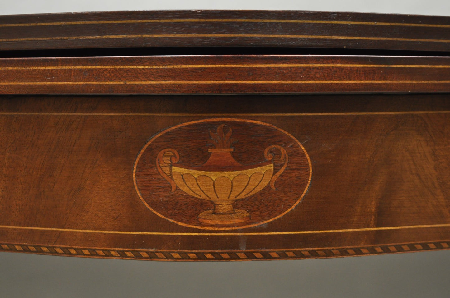 Antique Sheraton Federal Mahogany Urn Inlay Flip Serpentine Console Game Table