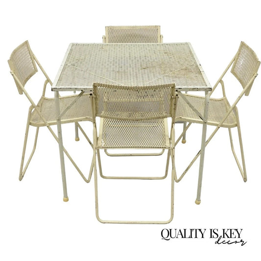 Vintage Mid Century Modern Wrought Iron Folding Card Game Table Set - 5 Pcs