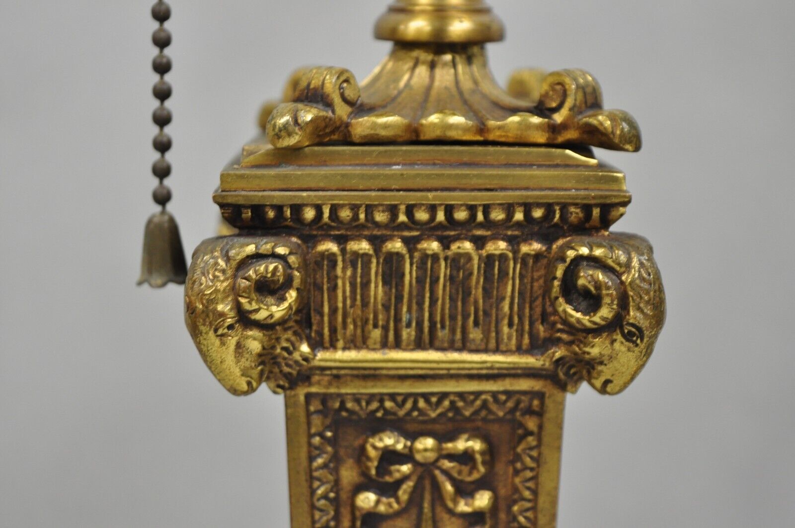 Antique French Empire Regency Rams Head Small Bronze Column Table Lamps - a Pair
