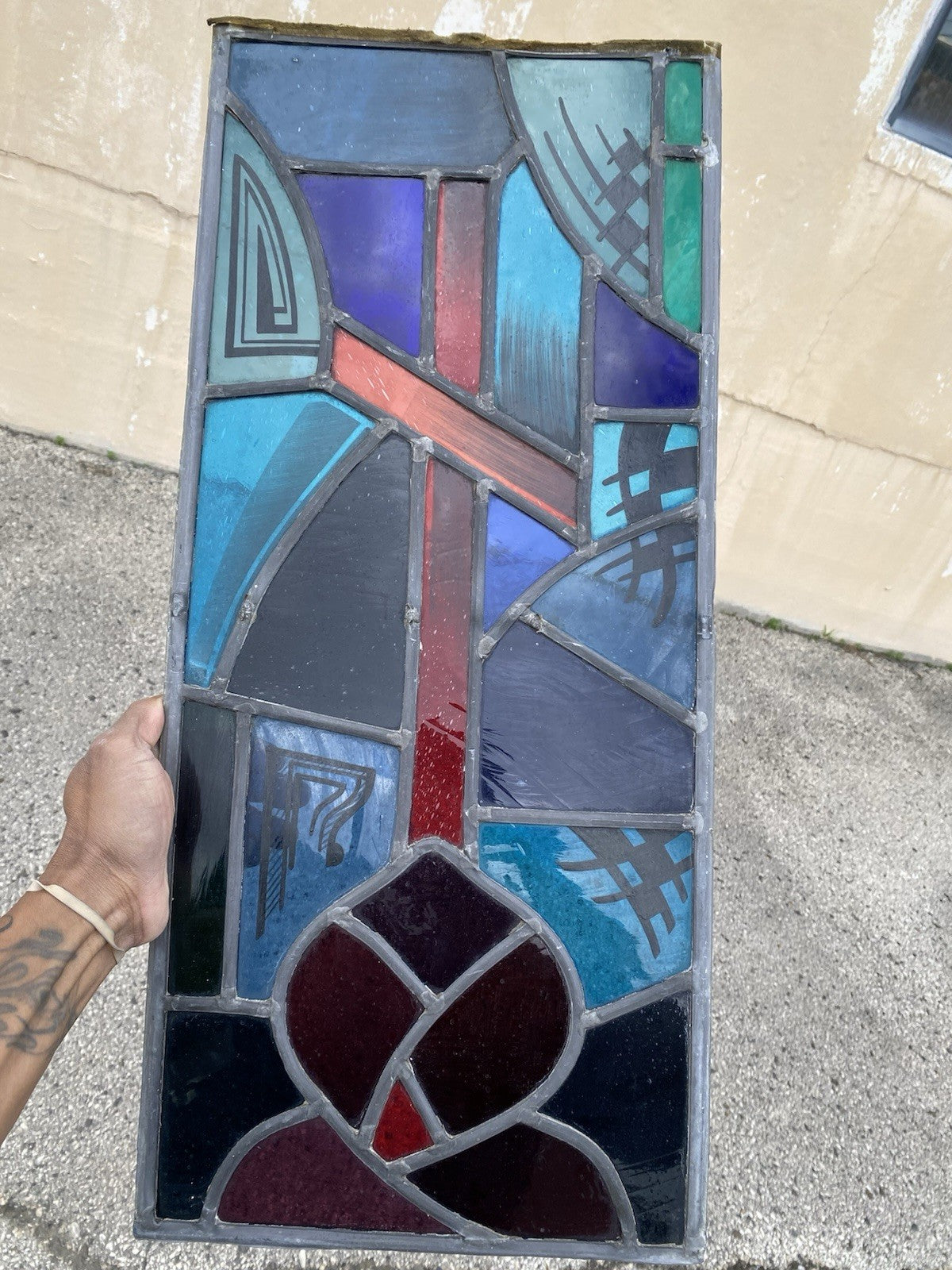 Vintage Art Deco Blue & Red Leaded Stained Glass Church Window w/ Cross 29x13