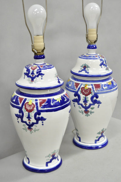 Vintage Chinoiserie White Blue Porcelain Ceramic Jardiniere Table Lamp - a Pair