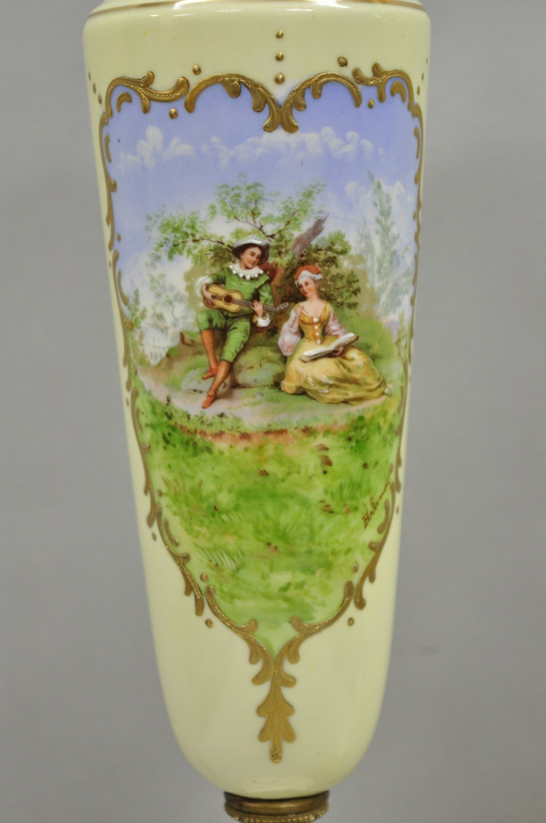 Antique French Renaissance Slender Porcelain Urn Hand Painted Table Lamps - Pair