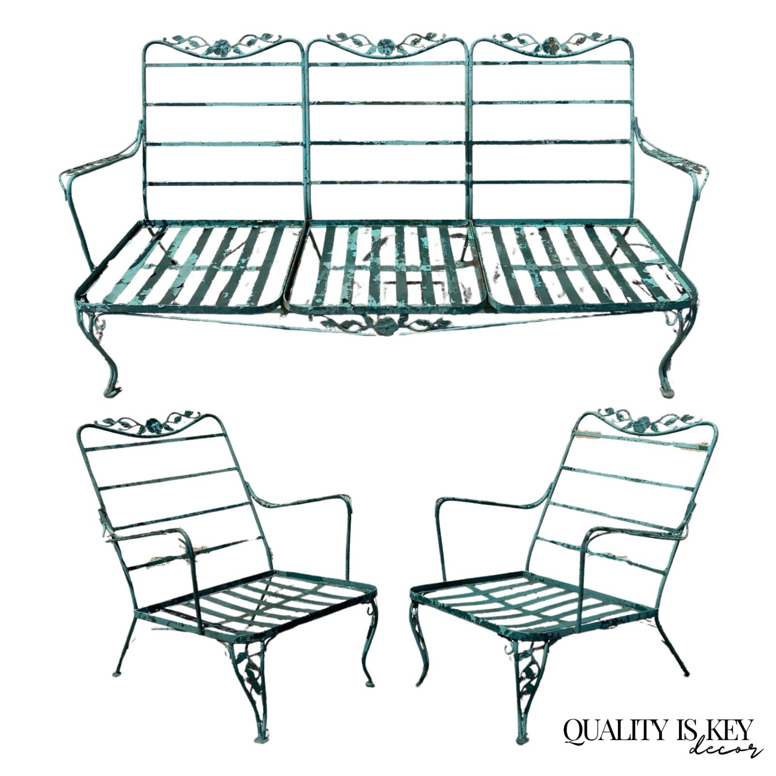 Vintage Woodard Wrought Iron Patio 3 Seat Sofa and Pair Lounge Chairs - 3 Pcs