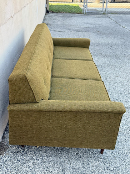 Vintage Mid Century Modern Greenish Brown Tufted 82" Sofa Couch w/ Walnut Legs