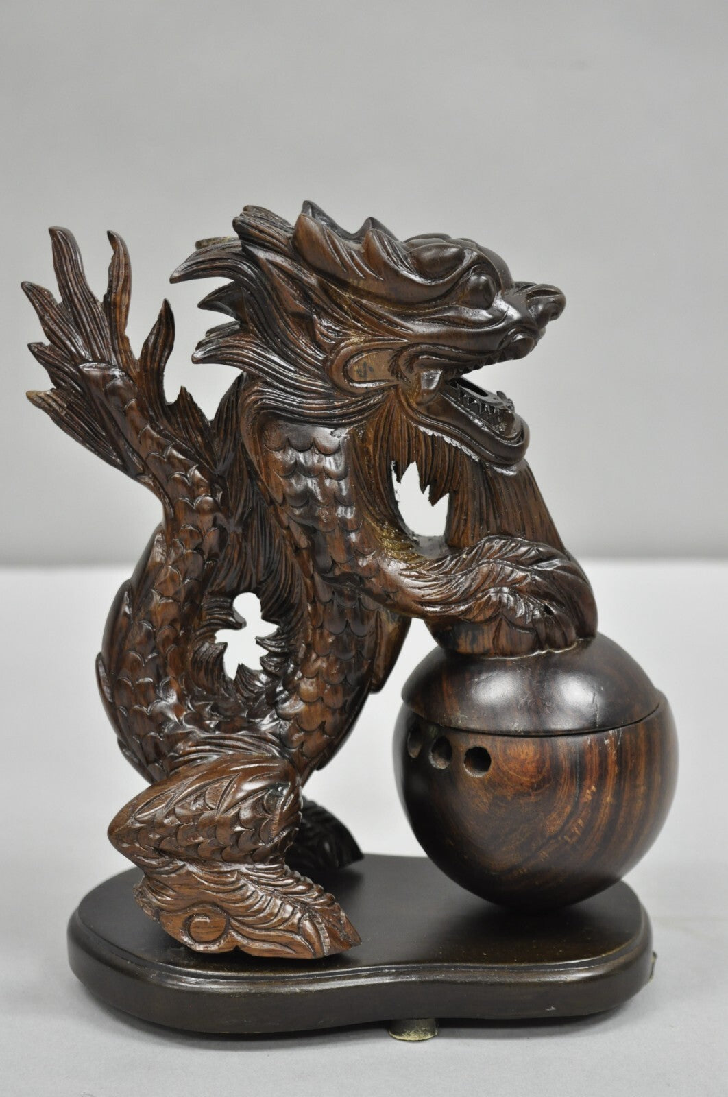 Decorative Carved Wood Chinese Foo Dog Dragon Incense Burner Holder