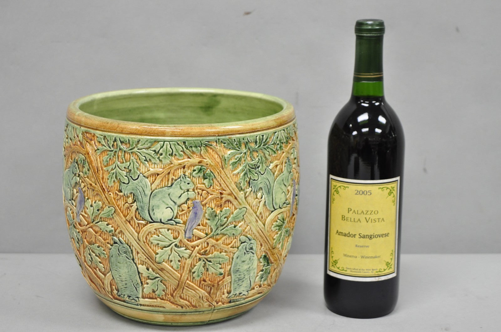 Weller Clinton Art Pottery Green Glazed Squirrel & Acorn Planter Jardinière