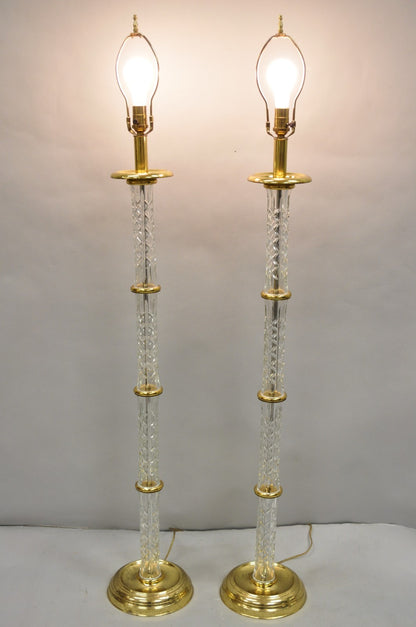 Waterford Kinsale Crystal Glass Column Brass Empire Style Floor Lamp - a Pair