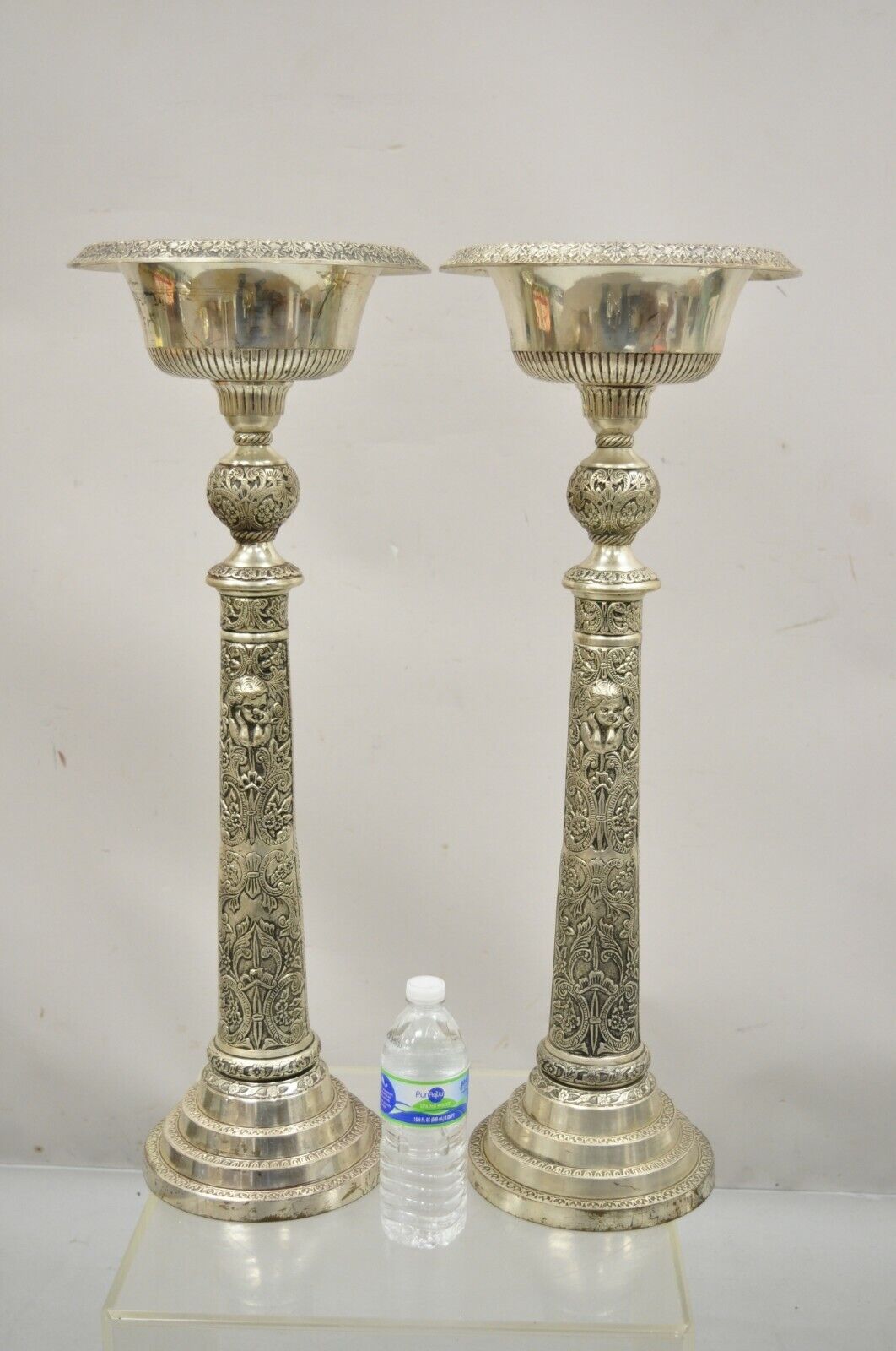 Silver Plated Metal Tall Ornate French Style 28" Compote Centerpiece - a Pair