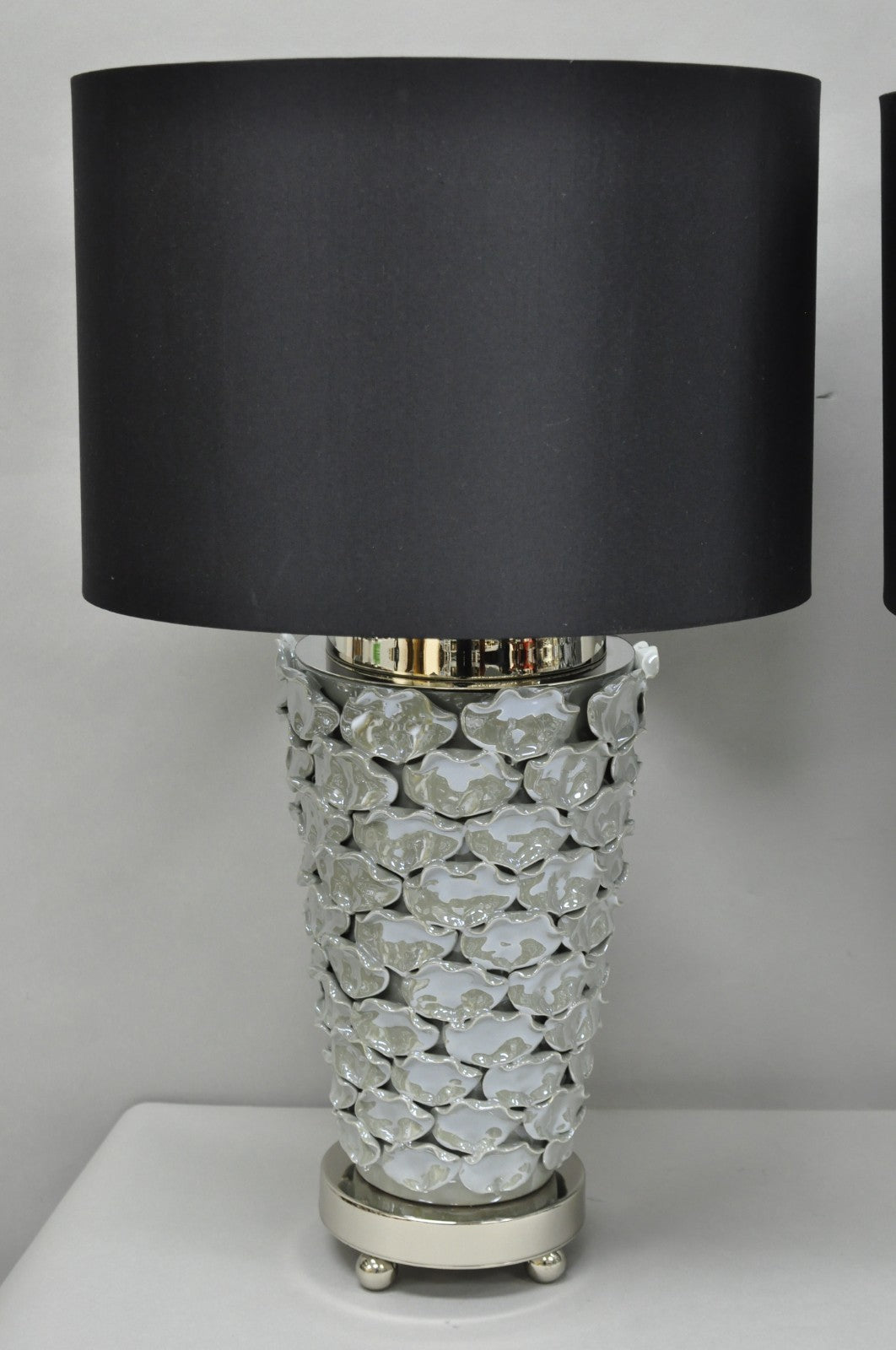 Contemporary Modern Gray Porcelain Leaf Leaves Chrome Table Lamps - a Pair