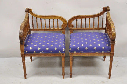 Antique French Louis XVI Style Carved Walnut Lyre Harp Corner Lounge Chair Pair