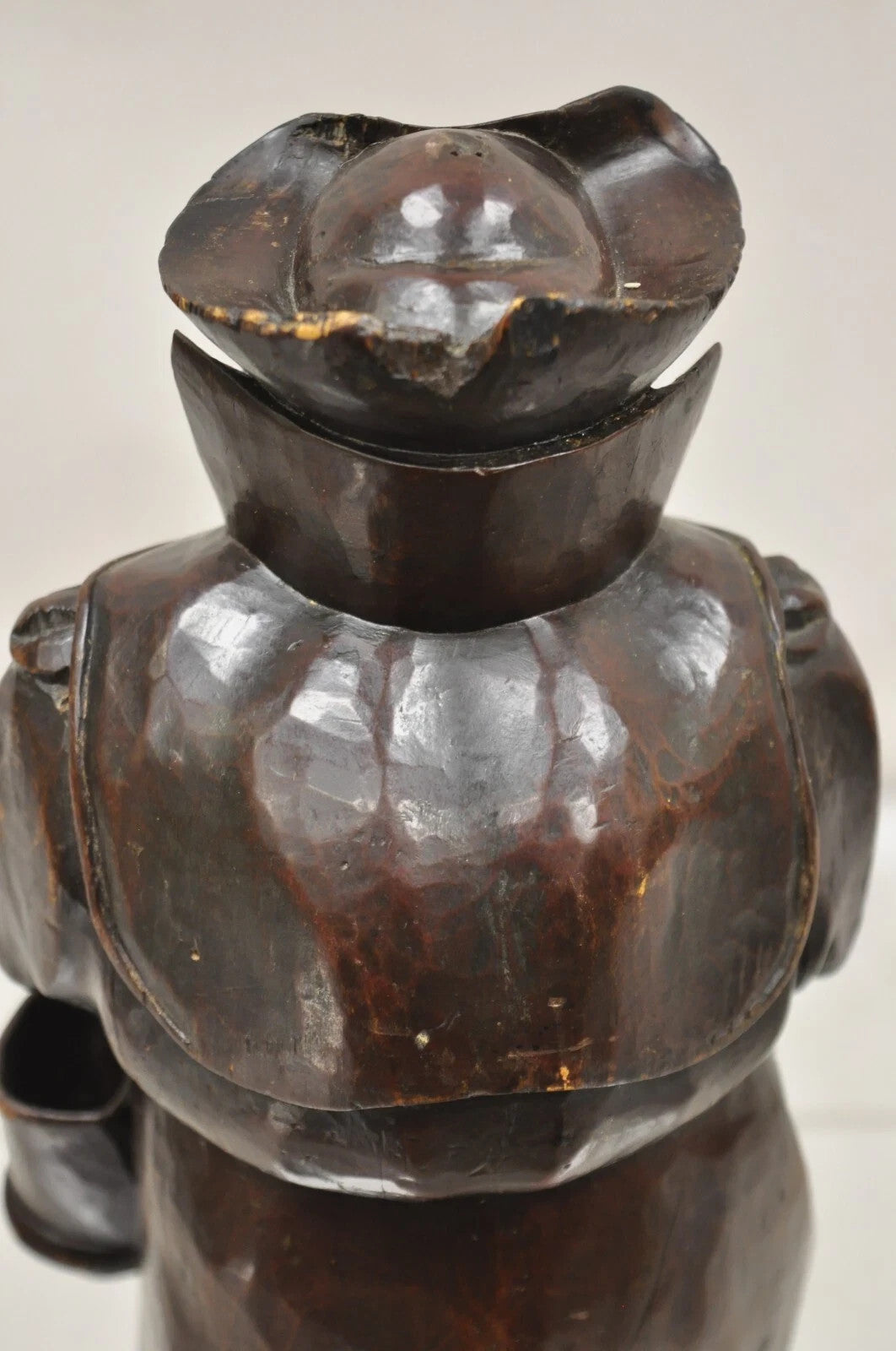 19th C. Black Forest Figural Wood Carved Night Watchman Lidded Tobacco Jar Box