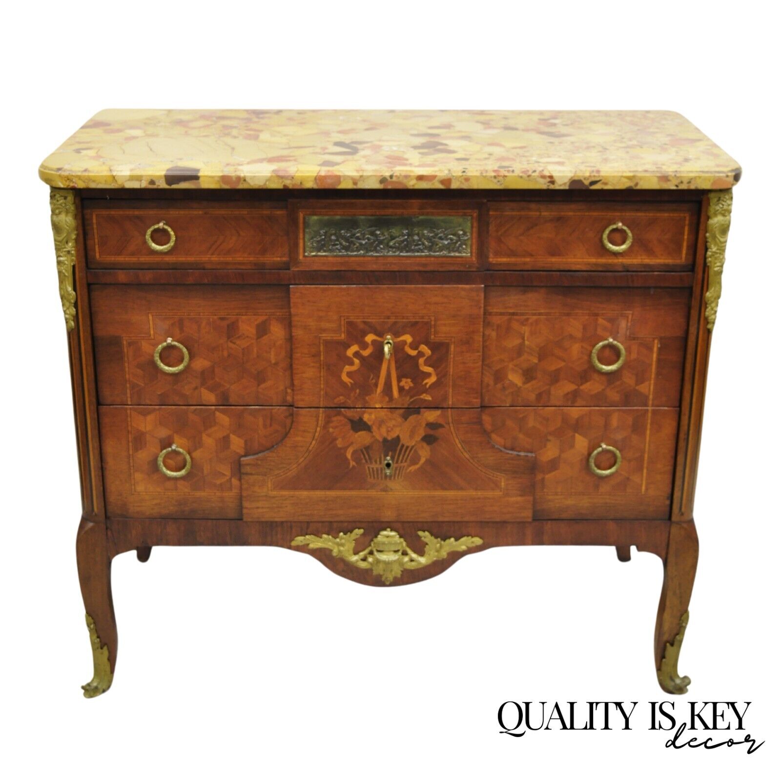 Antique French Louis XV Marquetry Inlay Marble Top Bronze Ormolu Commode Dresser