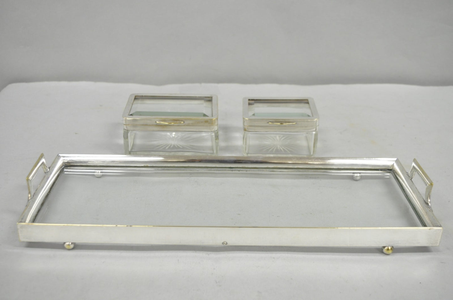 Art Deco Austrian Silver Plated Cut Glass Casket Trinket Box Set w/ Tray - 3 Pcs