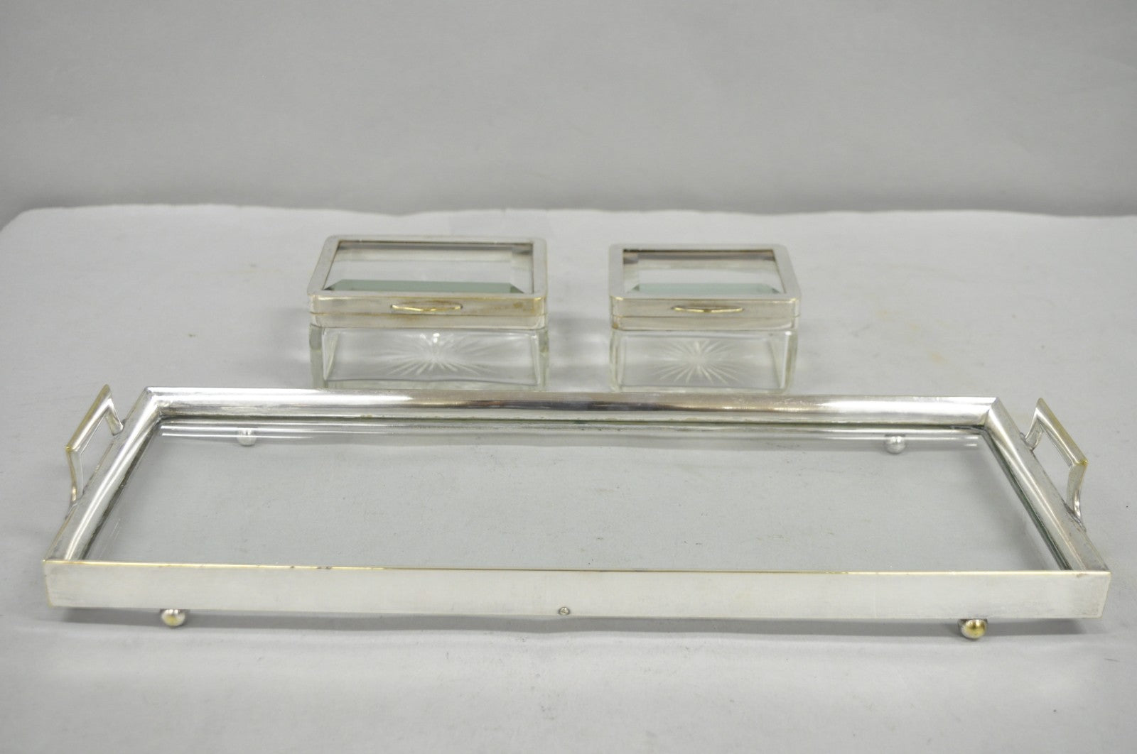 Art Deco Austrian Silver Plated Cut Glass Casket Trinket Box Set w/ Tray - 3 Pcs