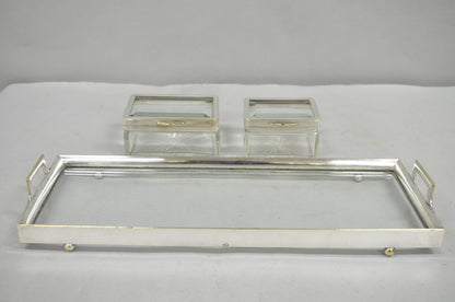 Art Deco Austrian Silver Plated Cut Glass Casket Trinket Box Set w/ Tray - 3 Pcs