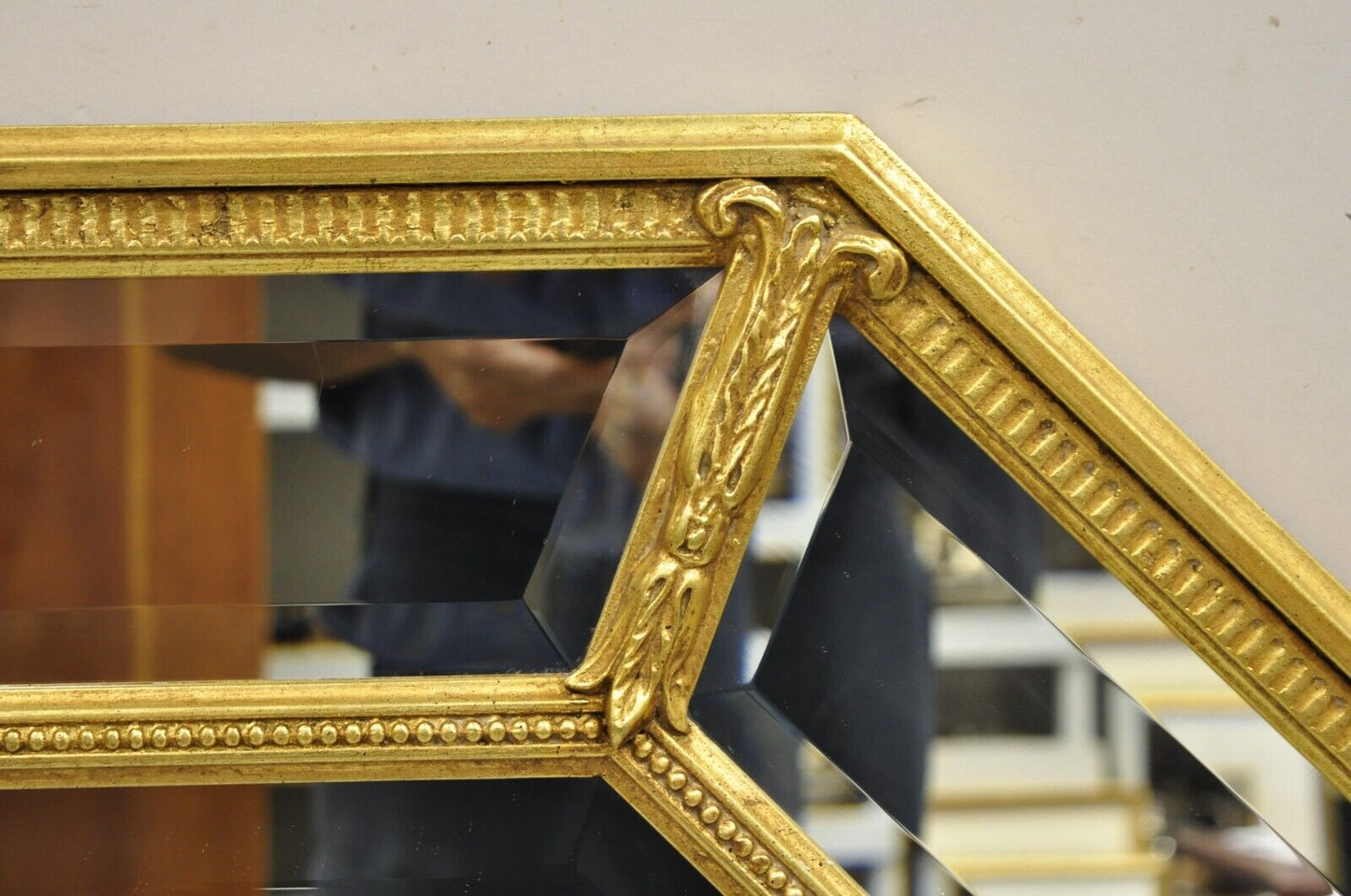 Vintage French Regency Style Octagonal Gold Tone Beveled Glass Wall Mirror