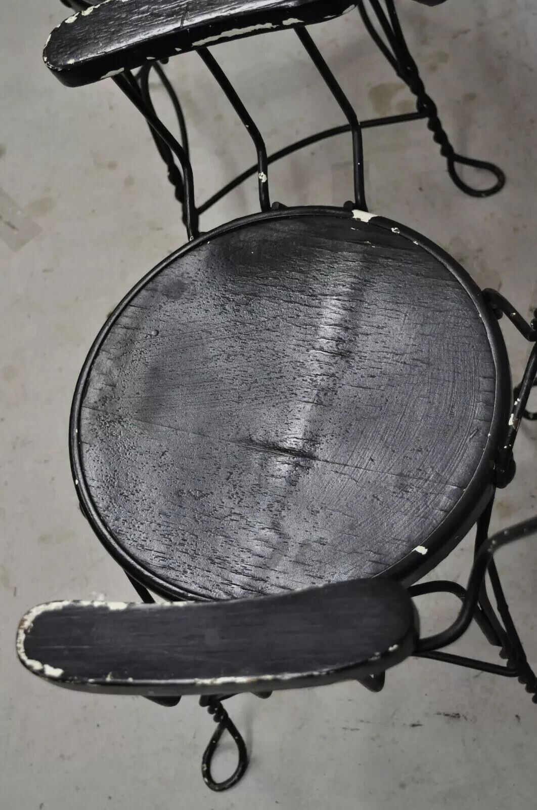 Antique Wrought Iron Twisted Metal Ice Cream Parlor Arm Chairs Wood Arms - Pair