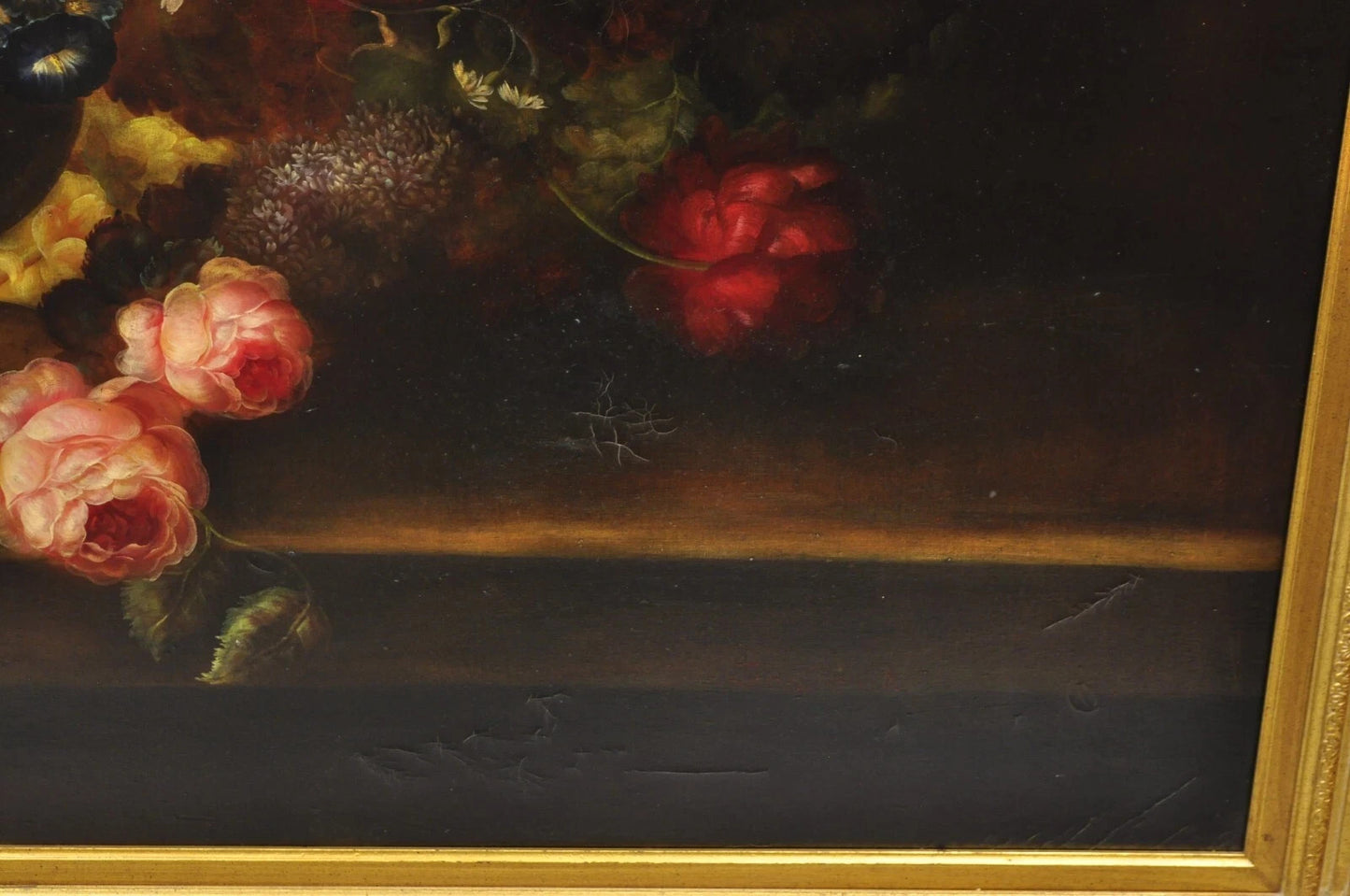 Large French 58 x 70 Gold Frame Still Life Oil Painting with Bouquet of Flowers
