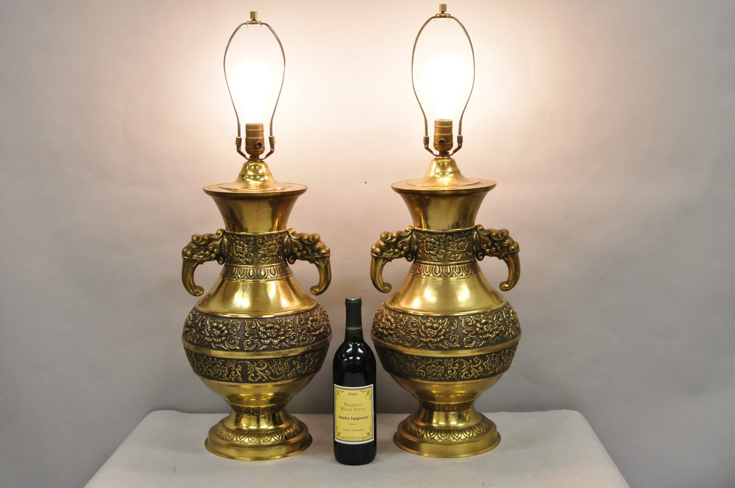 Vintage Brass Chinese Jardinière Elephant Handle Oriental Table Lamps - a Pair